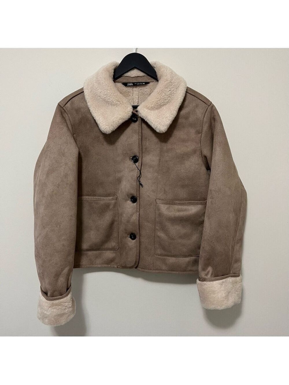 BRAND NEW ZARA ZW COLLECTION DOUBLE FACED FAUX SUEDE SHERPA JACKET TAUPE Large - Picture 7 of 16